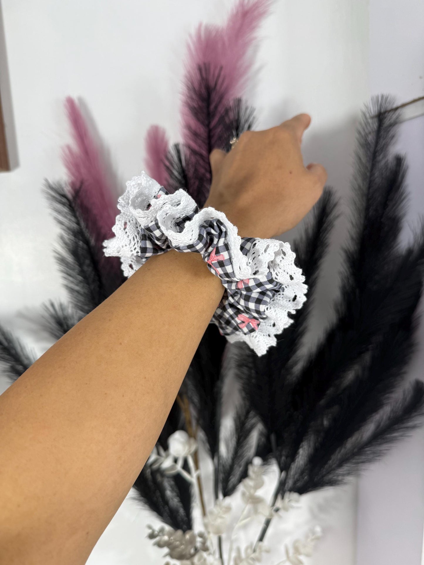 Scrunchies with lace/  Gingham scrunchies/ Handmade Lace Scrunchies/
