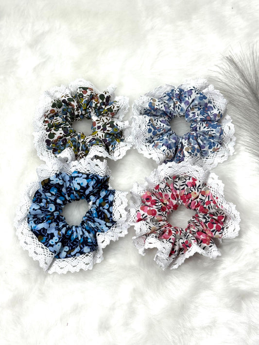 Liberty of London Scrunchies w/ lace/ Floral Lace Scrunchies/Hand made cotton hair tie/
