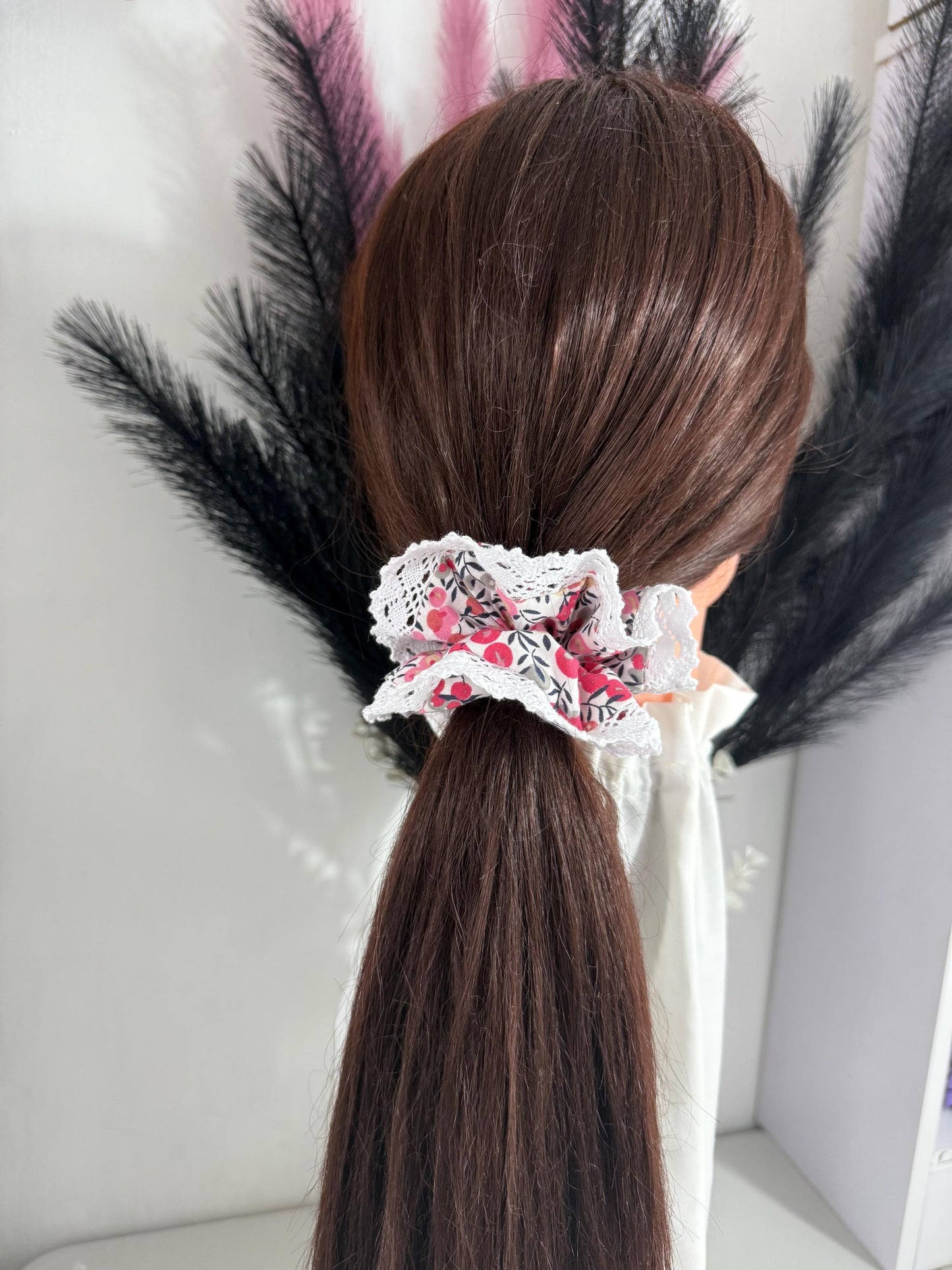 Liberty of London Scrunchies w/ lace/ Floral Lace Scrunchies/Hand made cotton hair tie/