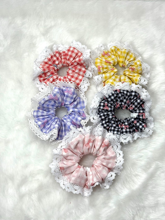 Scrunchies with lace/  Gingham scrunchies/ Handmade Lace Scrunchies/