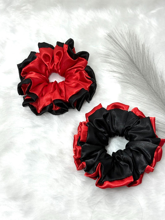 Red/Black Scrunchie, Silky satin scrunchies. Handmade scrunchies. Large size scrunchies.