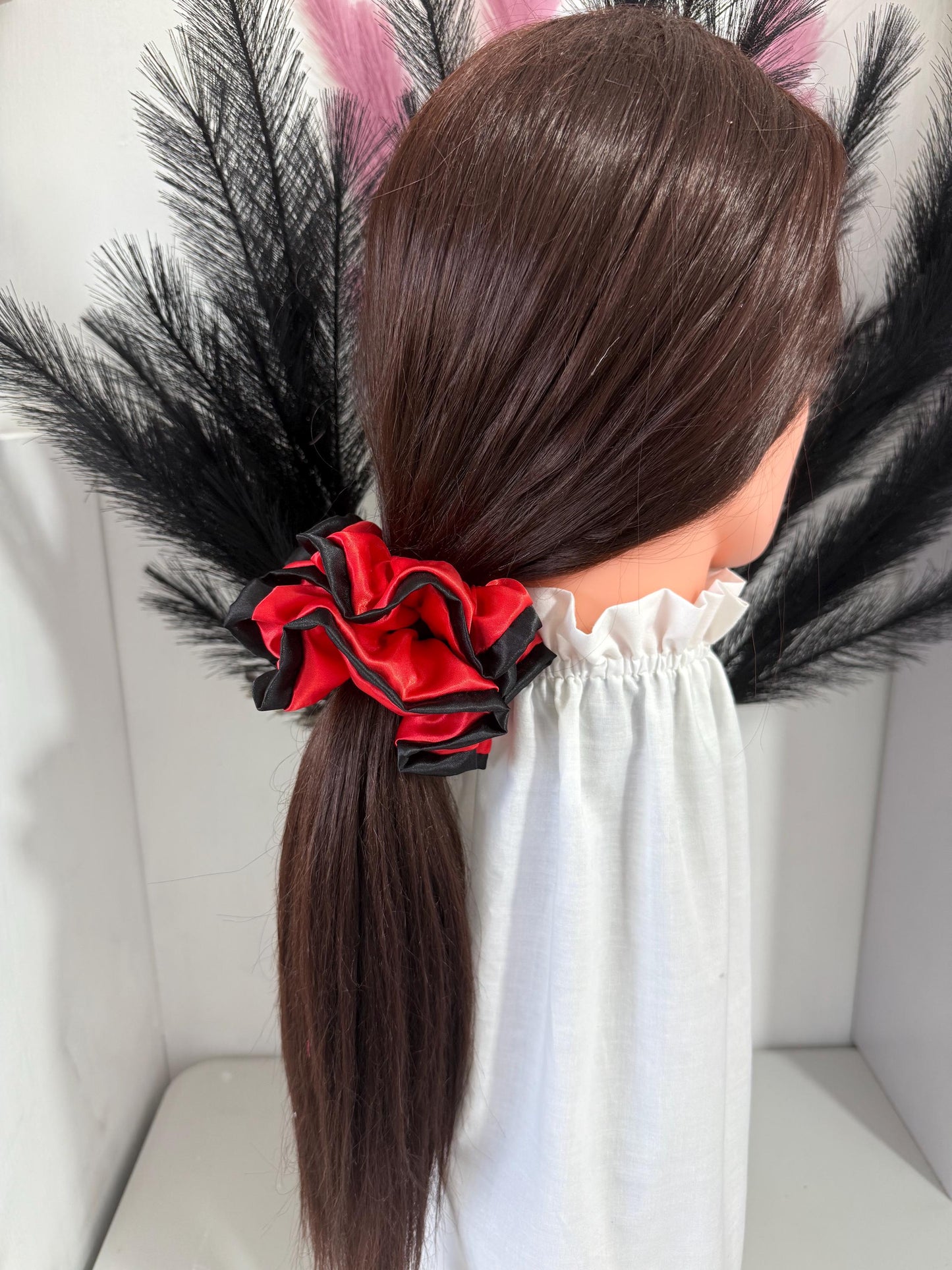 Red/Black Scrunchie, Silky satin scrunchies. Handmade scrunchies. Large size scrunchies.