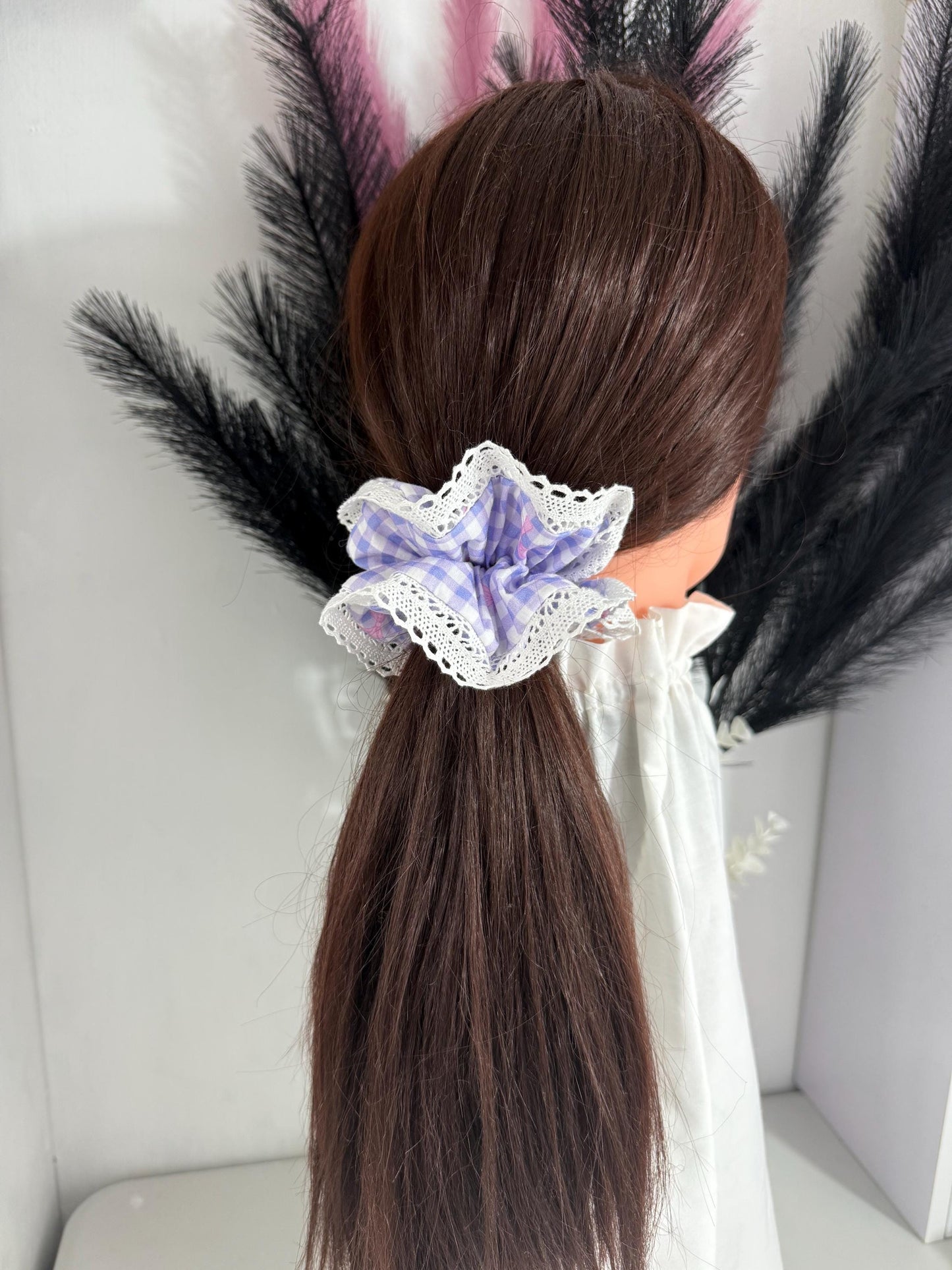 Scrunchies with lace/  Gingham scrunchies/ Handmade Lace Scrunchies/