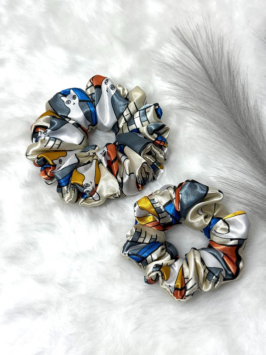Cat Scrunchie /Cat design hair tie / Silky satin scrunchies. Handmade scrunchies. Large size scrunchies.