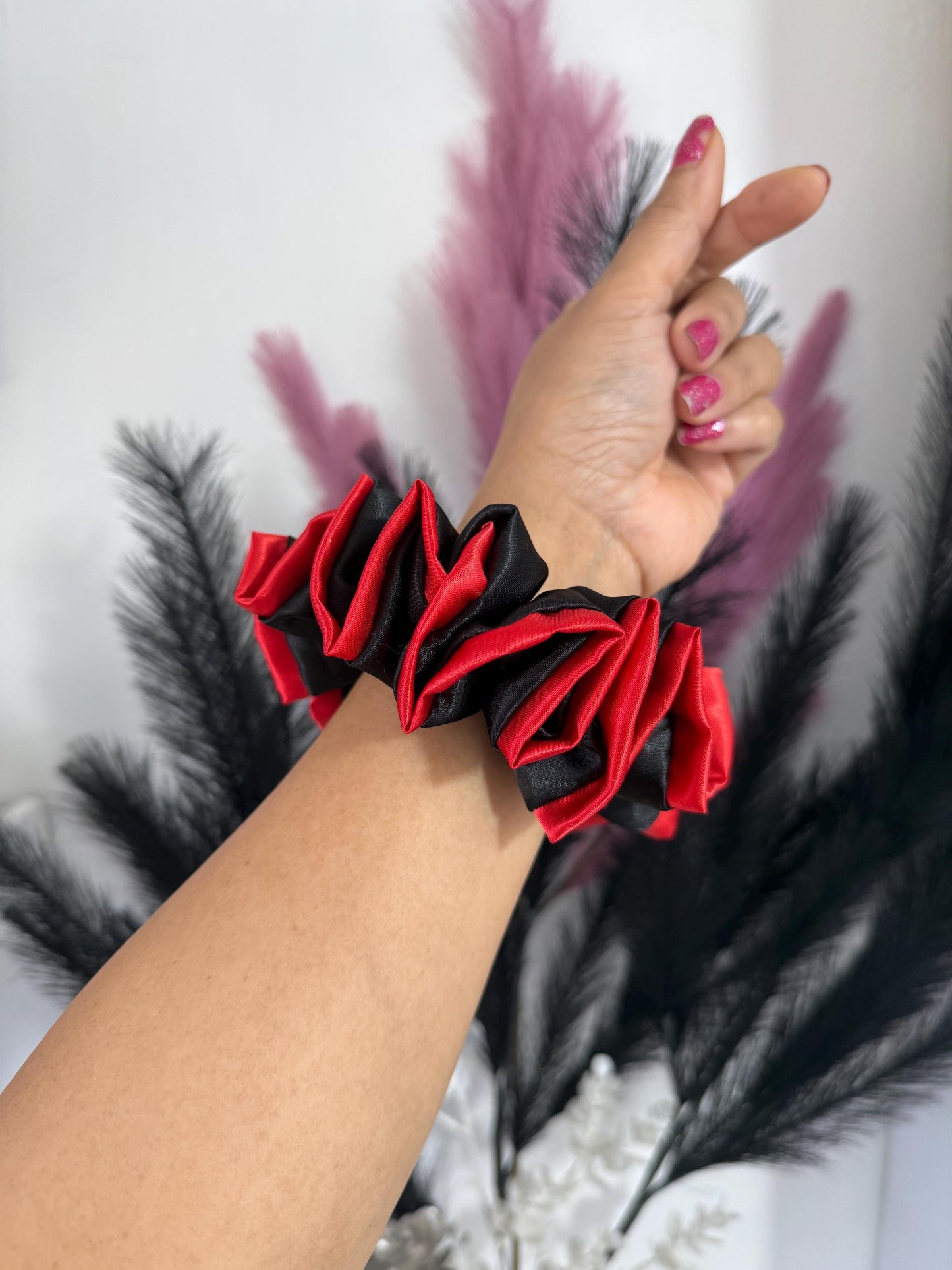 Red/Black Scrunchie, Silky satin scrunchies. Handmade scrunchies. Large size scrunchies.